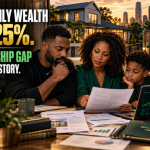Black family reviewing mortgage, investment and small-business financing documents, illustrating the racial wealth gap and unequal access to appreciating assets.