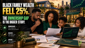 Black family reviewing mortgage, investment and small-business financing documents, illustrating the racial wealth gap and unequal access to appreciating assets.