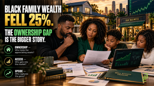 Black family reviewing mortgage, investment and small-business financing documents, illustrating the racial wealth gap and unequal access to appreciating assets.