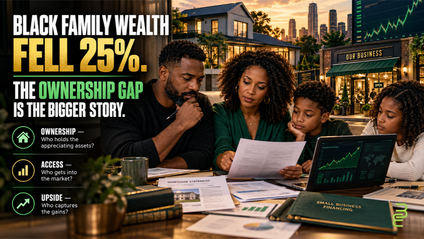 Black family reviewing mortgage, investment and small-business financing documents, illustrating the racial wealth gap and unequal access to appreciating assets.