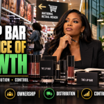 Editorial illustration of a Black woman beauty entrepreneur surrounded by makeup products, with national retail shelves and direct-to-consumer fulfillment operations representing The Lip Bar's growth and distribution strategy.