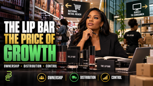 Editorial illustration of a Black woman beauty entrepreneur surrounded by makeup products, with national retail shelves and direct-to-consumer fulfillment operations representing The Lip Bar's growth and distribution strategy.