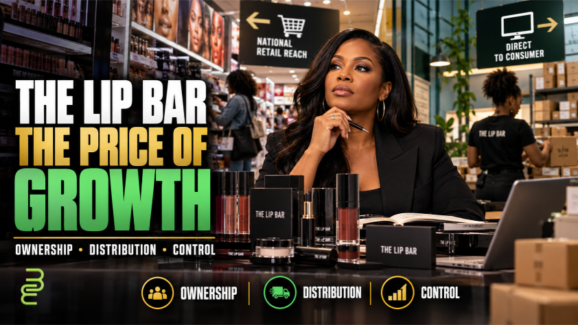 Editorial illustration of a Black woman beauty entrepreneur surrounded by makeup products, with national retail shelves and direct-to-consumer fulfillment operations representing The Lip Bar's growth and distribution strategy.