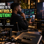 Black filmmaker in a production studio viewing vertical video on a smartphone and connected TV, representing creator ownership and streaming distribution.