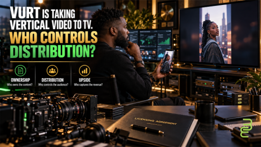 Black filmmaker in a production studio viewing vertical video on a smartphone and connected TV, representing creator ownership and streaming distribution.