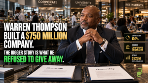 Warren Thompson feature illustration highlighting his $750 million fortune, Thompson Hospitality's institutional dining operations, and the importance of retaining business ownership.
