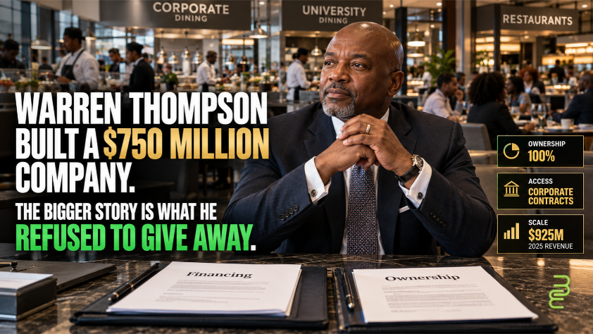 Warren Thompson feature illustration highlighting his $750 million fortune, Thompson Hospitality's institutional dining operations, and the importance of retaining business ownership.