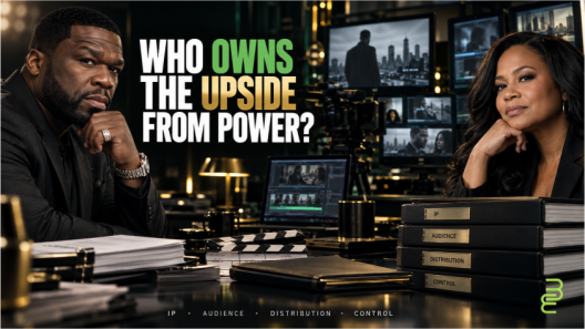 50 Cent and Courtney Kemp pictured alongside television production equipment and intellectual property documents, illustrating ownership and economic control behind the Power franchise.