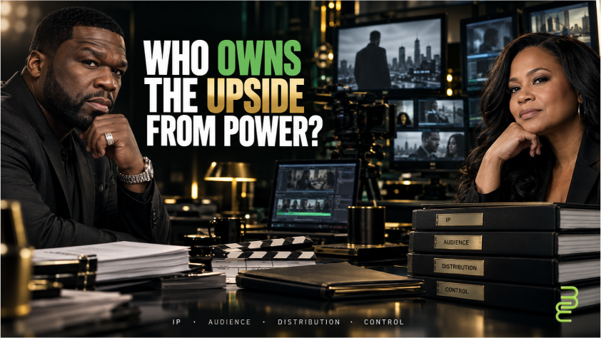 50 Cent and Courtney Kemp pictured alongside television production equipment and intellectual property documents, illustrating ownership and economic control behind the Power franchise.
